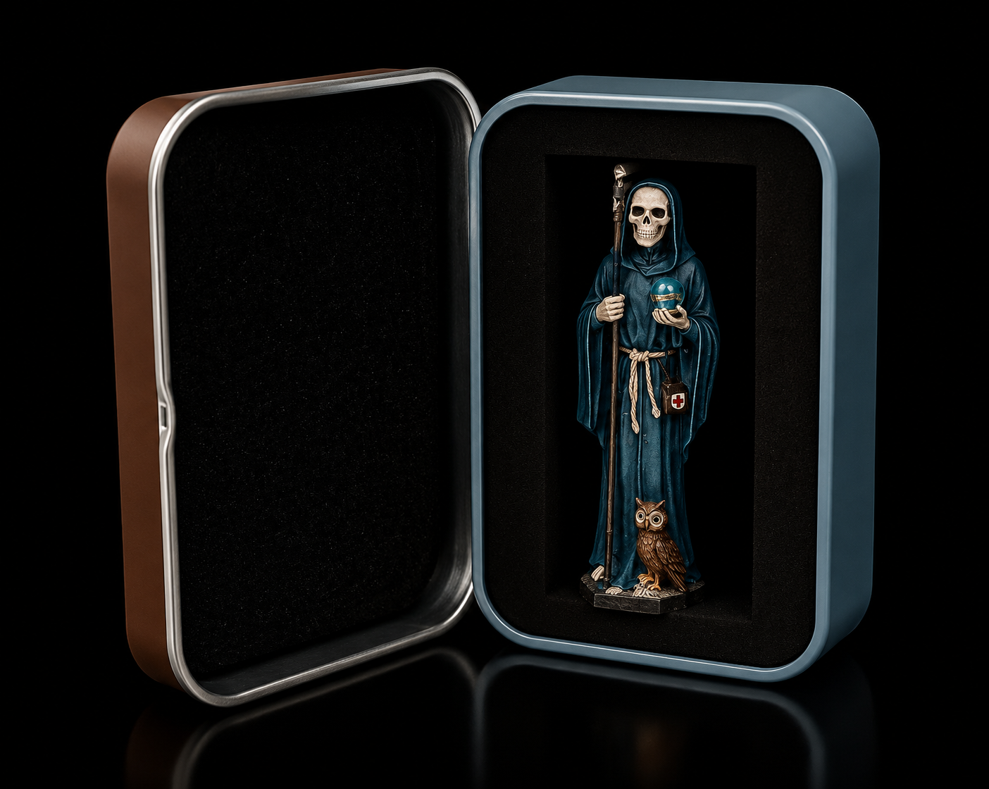 Mini Figura en Lata Santa Muerte Azul (5 cm) - Imagen 2