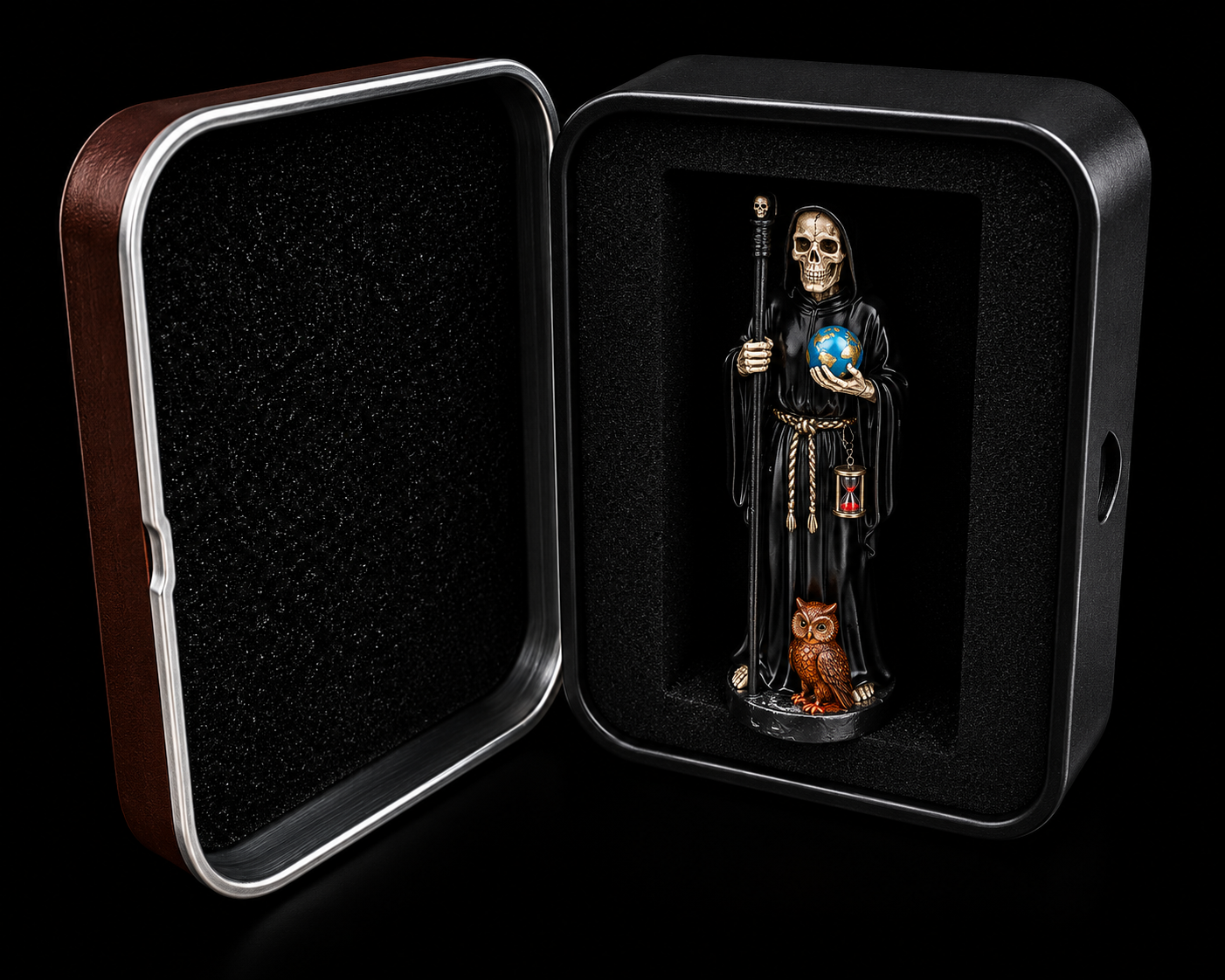 Mini Figura en Lata Santa Muerte Negra (5 cm) - Imagen 2