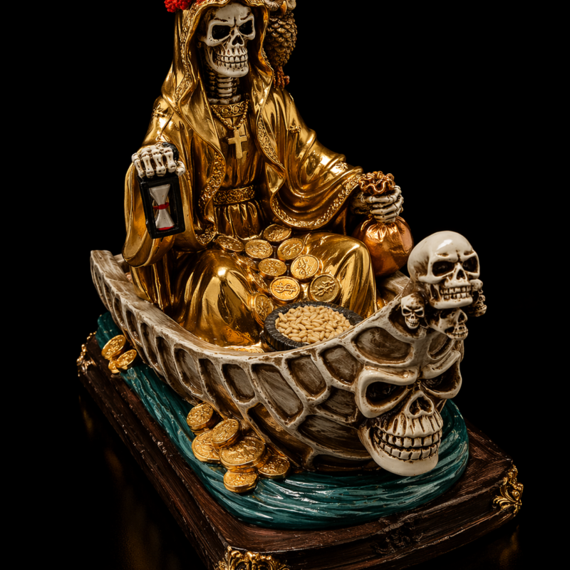 Santa Muerte Dorada en Barca - 20 cm