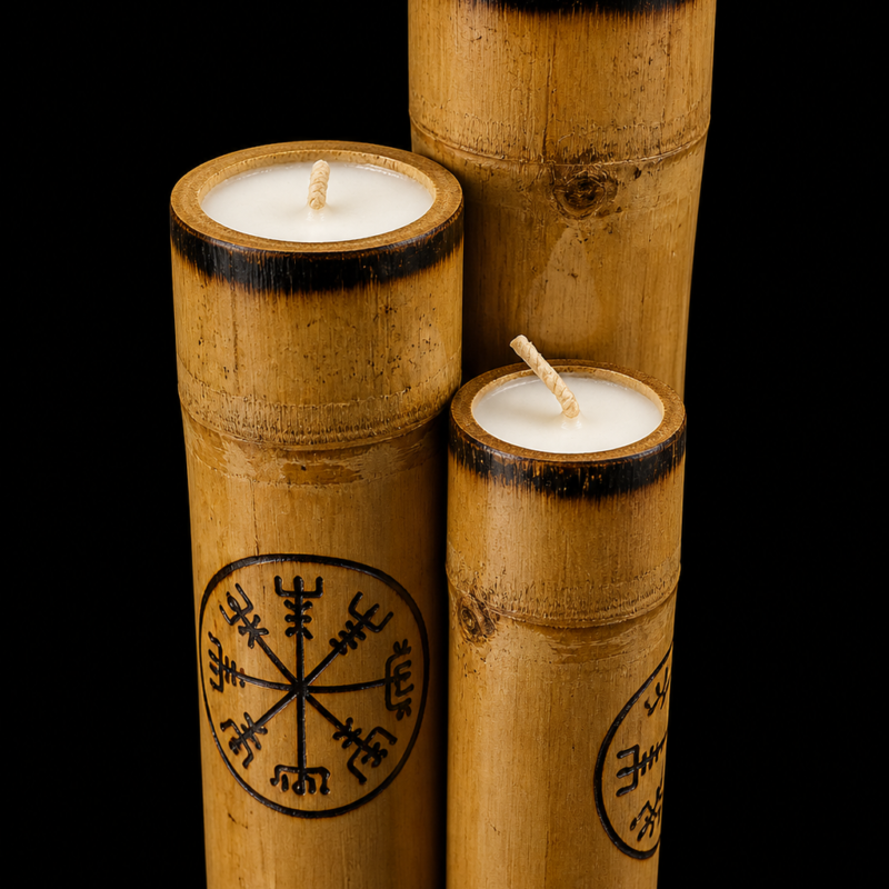 Conjunto de Velas en Bambú con Símbolo Rúnico