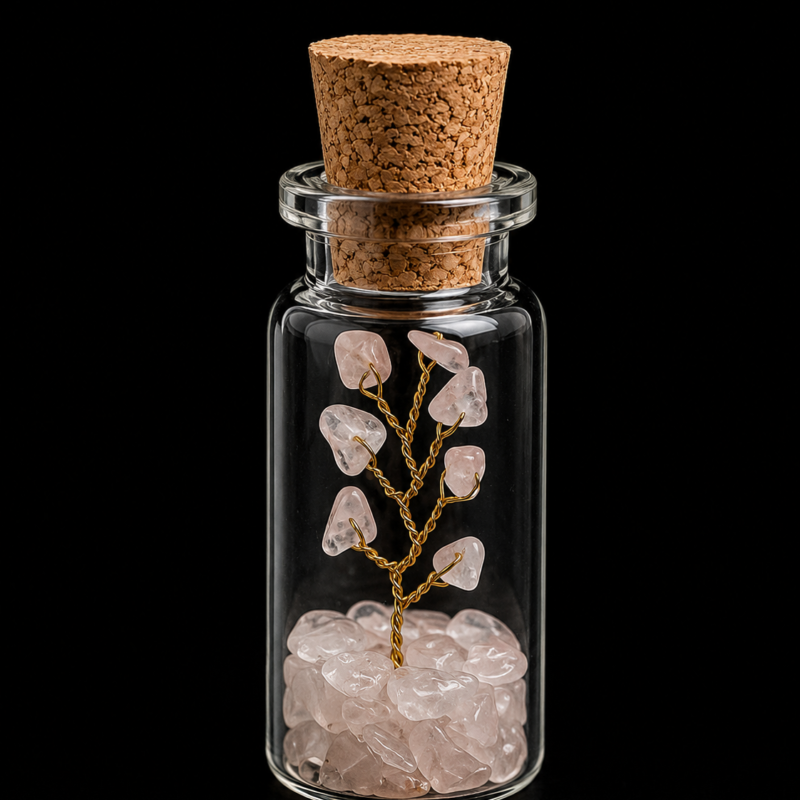 Botellita con Árbol de Cuarzo Rosa