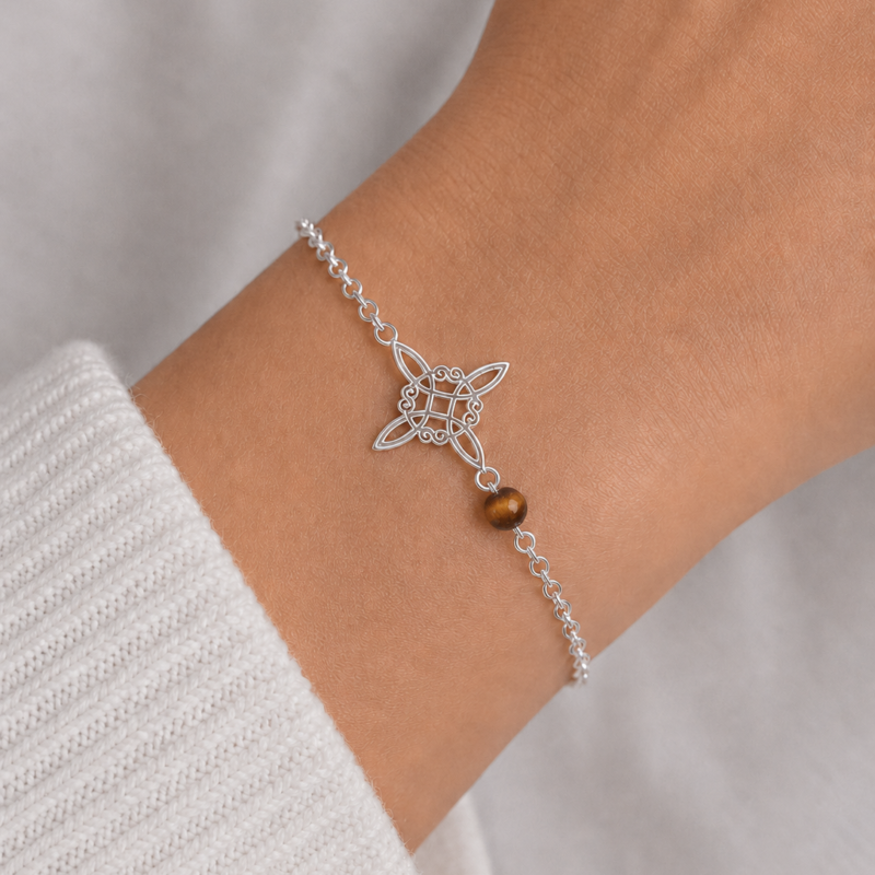 Pulsera Doble Protección (Nudo de Bruja y Ojo de Tigre) - Plata de Ley