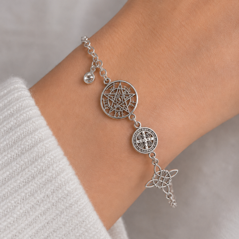 Pulsera con Circonita Triple Protección (Nudo de Bruja, San Benito y Tetragramatón) - Plata de Ley