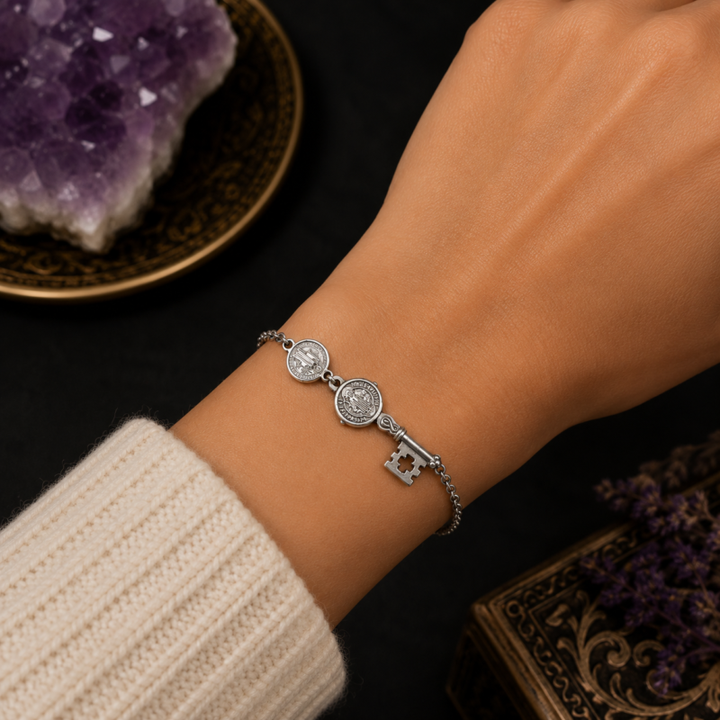 Pulsera Plateada Llave San Benito y Medallita San judas Tadeo - Acero Inoxidable