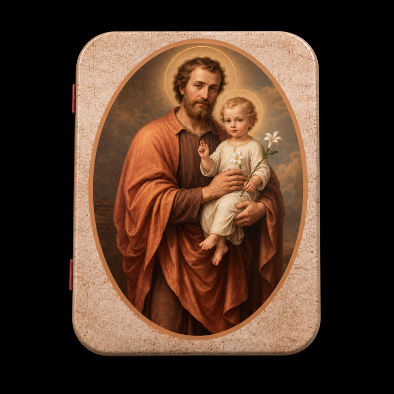 Mini Figura en Lata San José con Niño Jesús (5 cm)