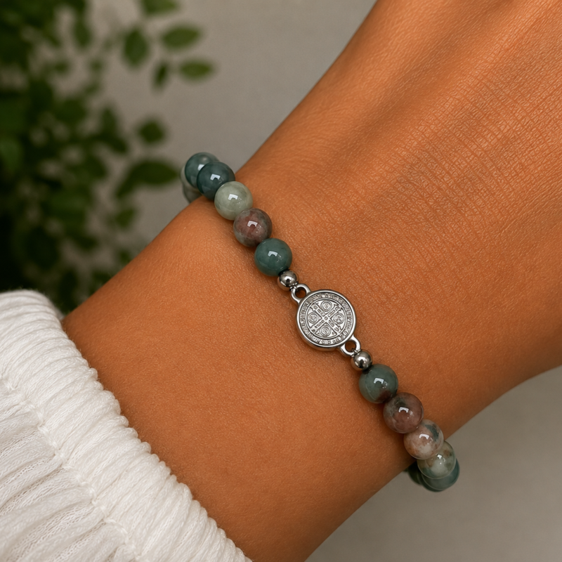 Pulsera de Ágata India con San Benito 6 mm