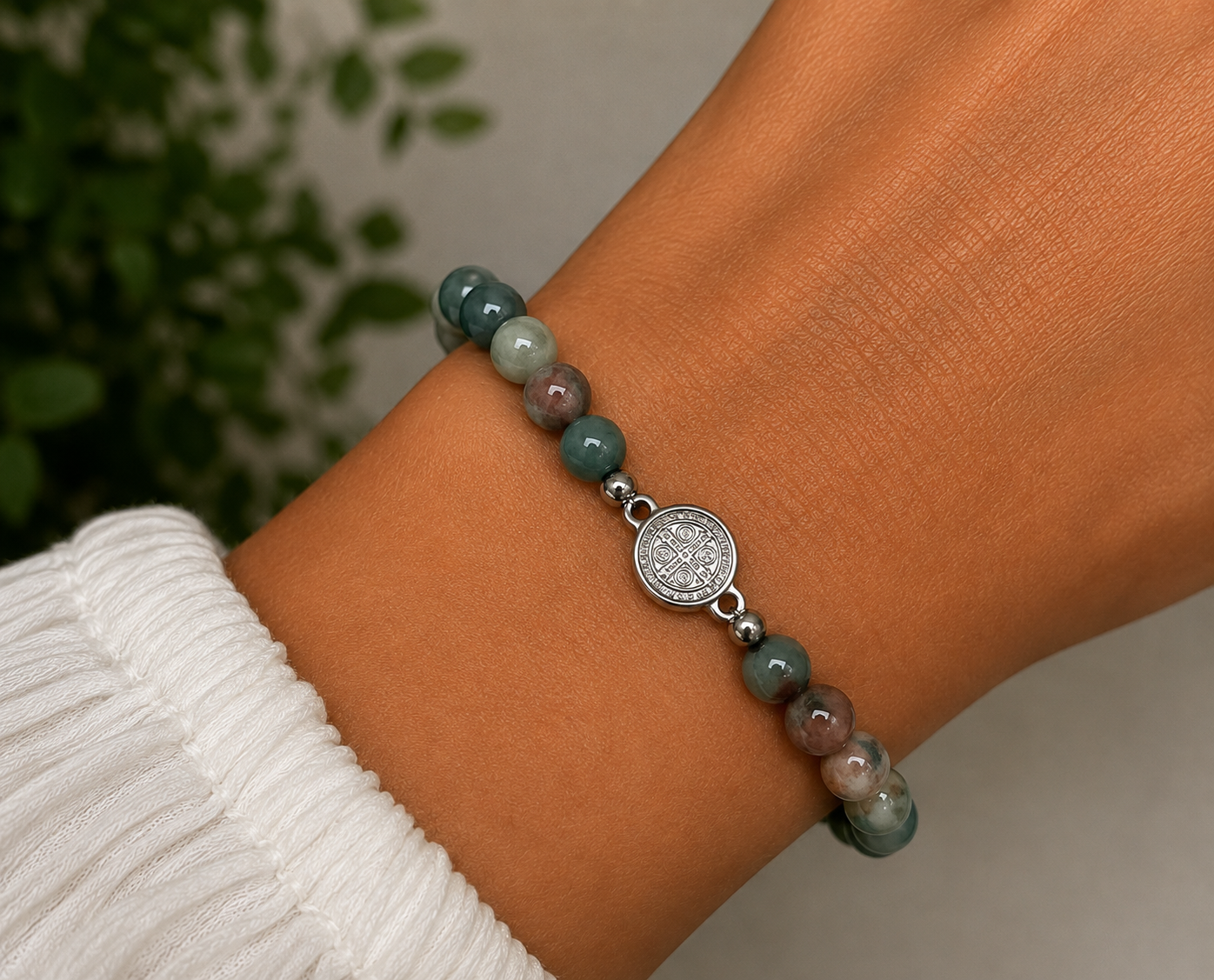 Pulsera de Ágata India con San Benito 6 mm