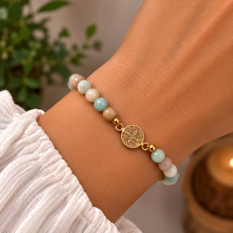 Pulsera de Amazonita con San Benito 6 mm