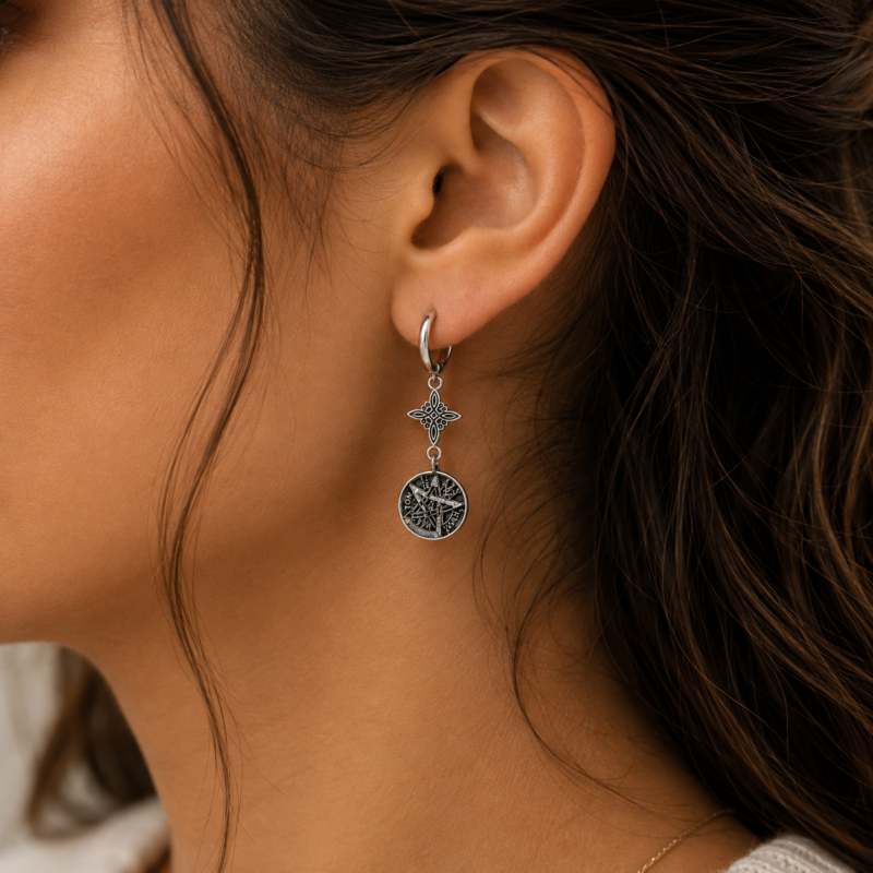 Pendientes Plateados Doble Protección (Nudo de Bruja y Tetragramatón) - Acero Inoxidable