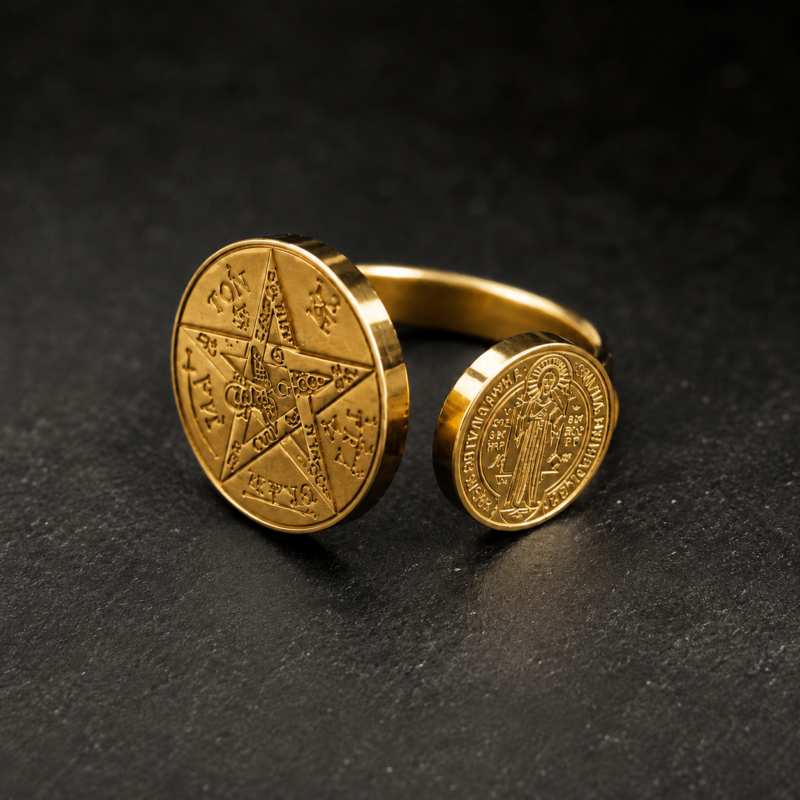 Anillo Dorado Ajustable San Benito y Tetragramatón - Acero Inoxidable