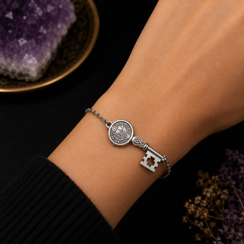 Pulsera Plateada Llave San Benito - Acero Inoxidable