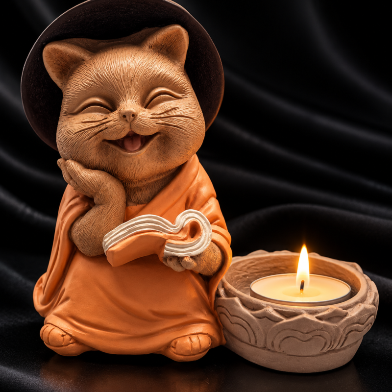 Portavelas Gato Buda Mostaza